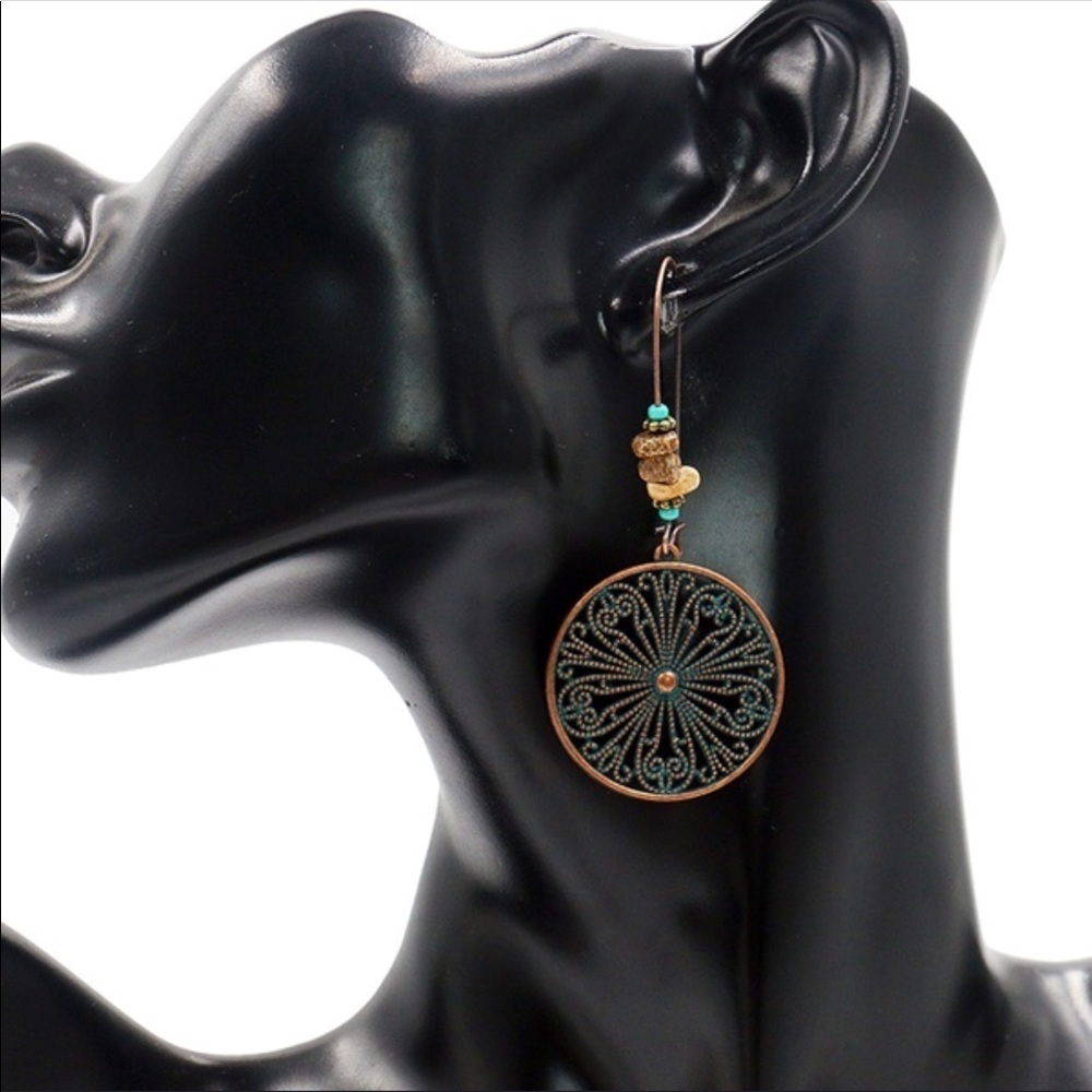 Bohemian patina metal and stone earrings